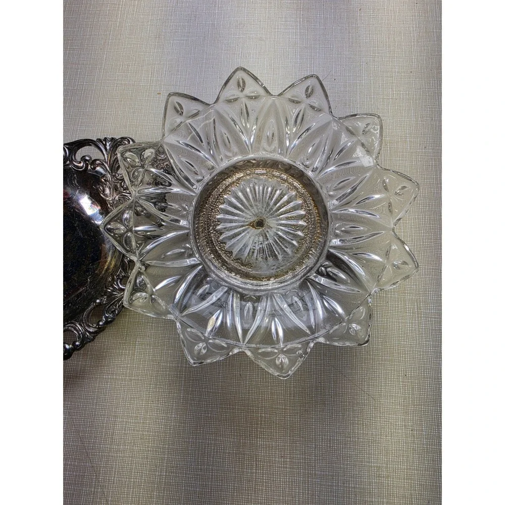 Vintage Footed Glass Trinket Bowl and Silver Tone Filigree Metal Dish Set